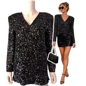 Scala Sequin Silk Tunic Size Small Black Silver Beaded Glam Disco Evening Party